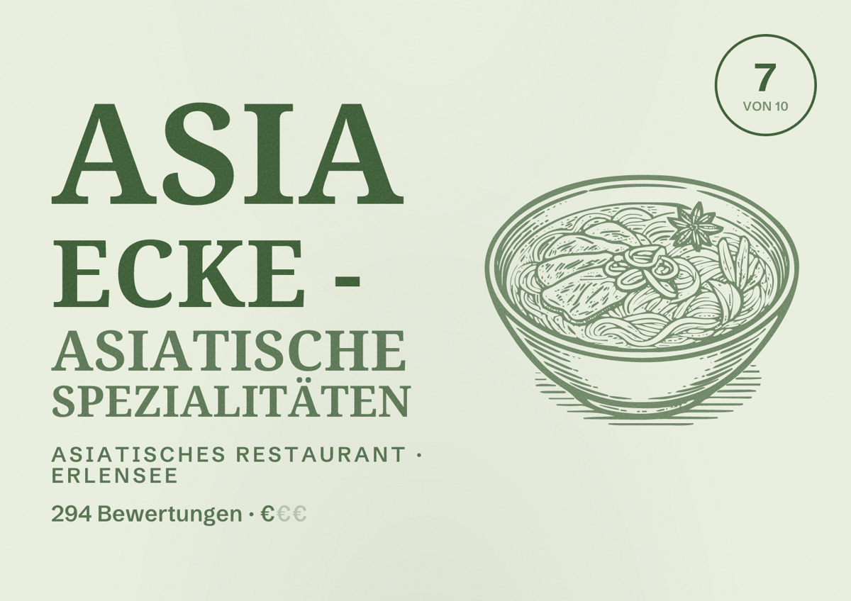 Illustriertes Poster von Asia Ecke - asiatische Spezialitäten, Asiatisches Restaurant in Erlensee: Bewertung 7 von 10 aus 294 Bewertungen, Preisniveau €
