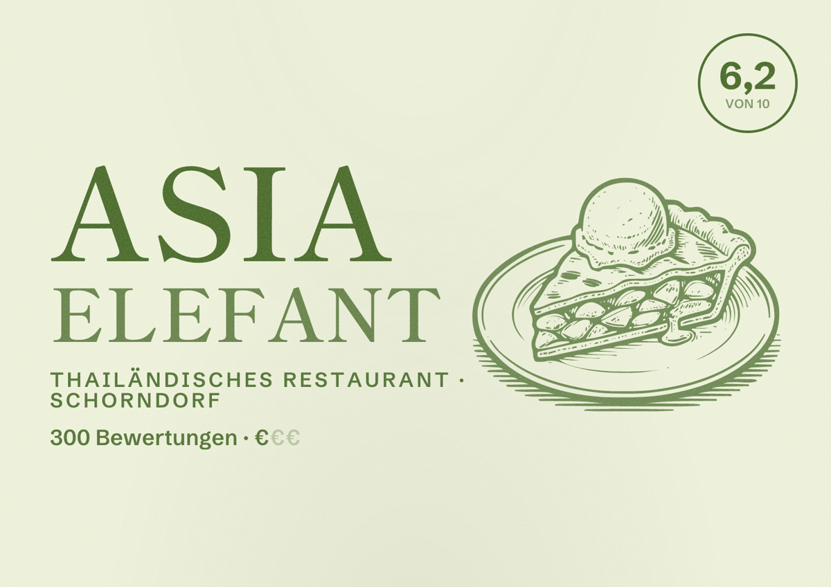 Illustriertes Poster von Asia Elefant, Thailändisches Restaurant in Schorndorf: Bewertung 6,2 von 10 aus 300 Bewertungen, Preisniveau €