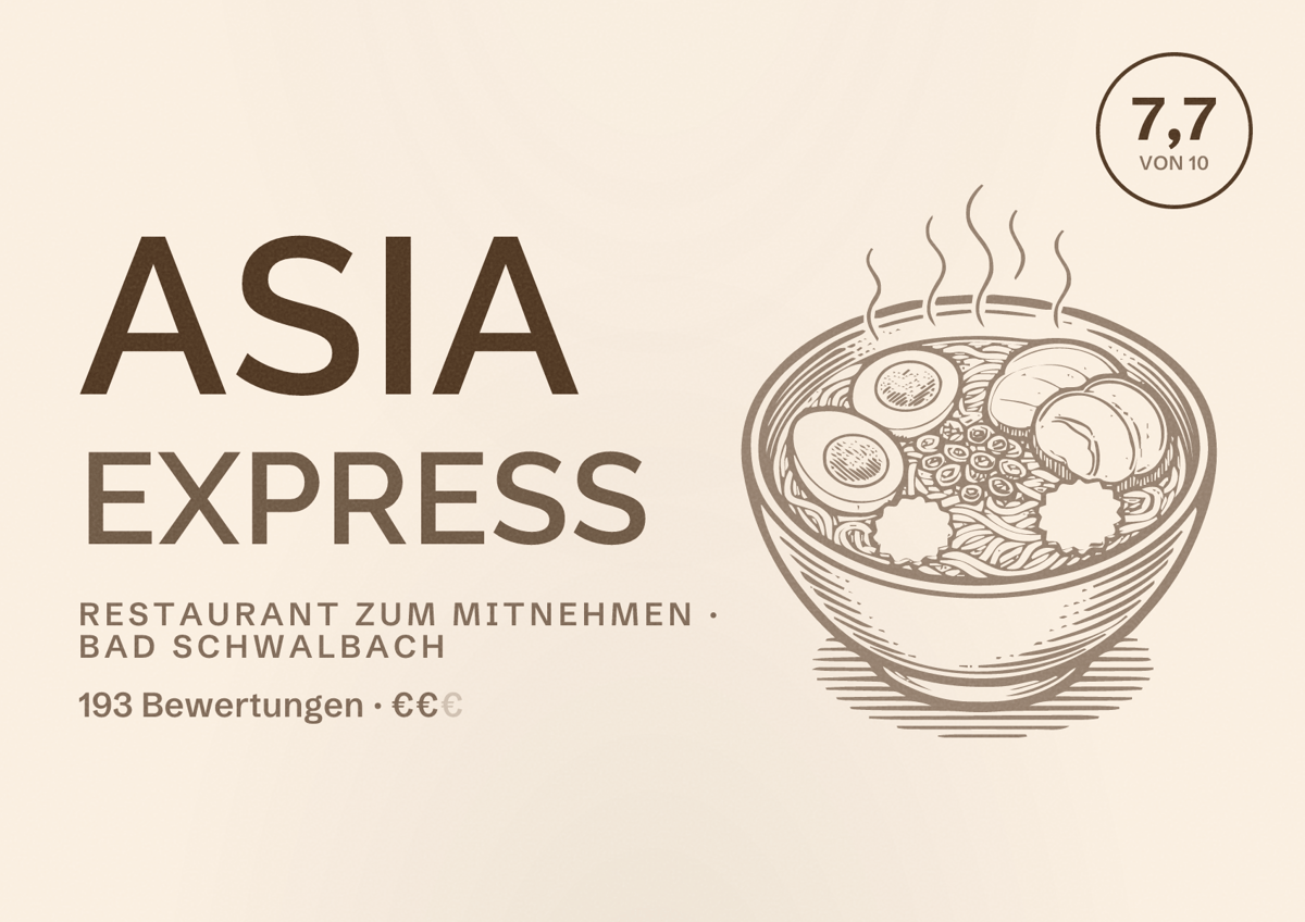 Illustriertes Poster von Asia Express, Restaurant zum Mitnehmen in Bad Schwalbach: Bewertung 7,7 von 10 aus 193 Bewertungen, Preisniveau €€