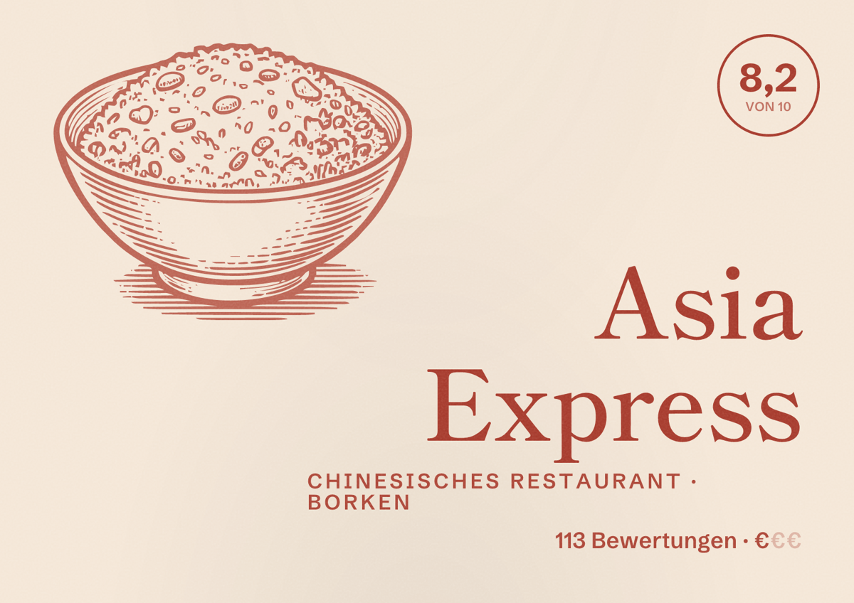 Illustriertes Poster von Asia Express, Chinesisches Restaurant in Borken: Bewertung 8,2 von 10 aus 113 Bewertungen, Preisniveau €