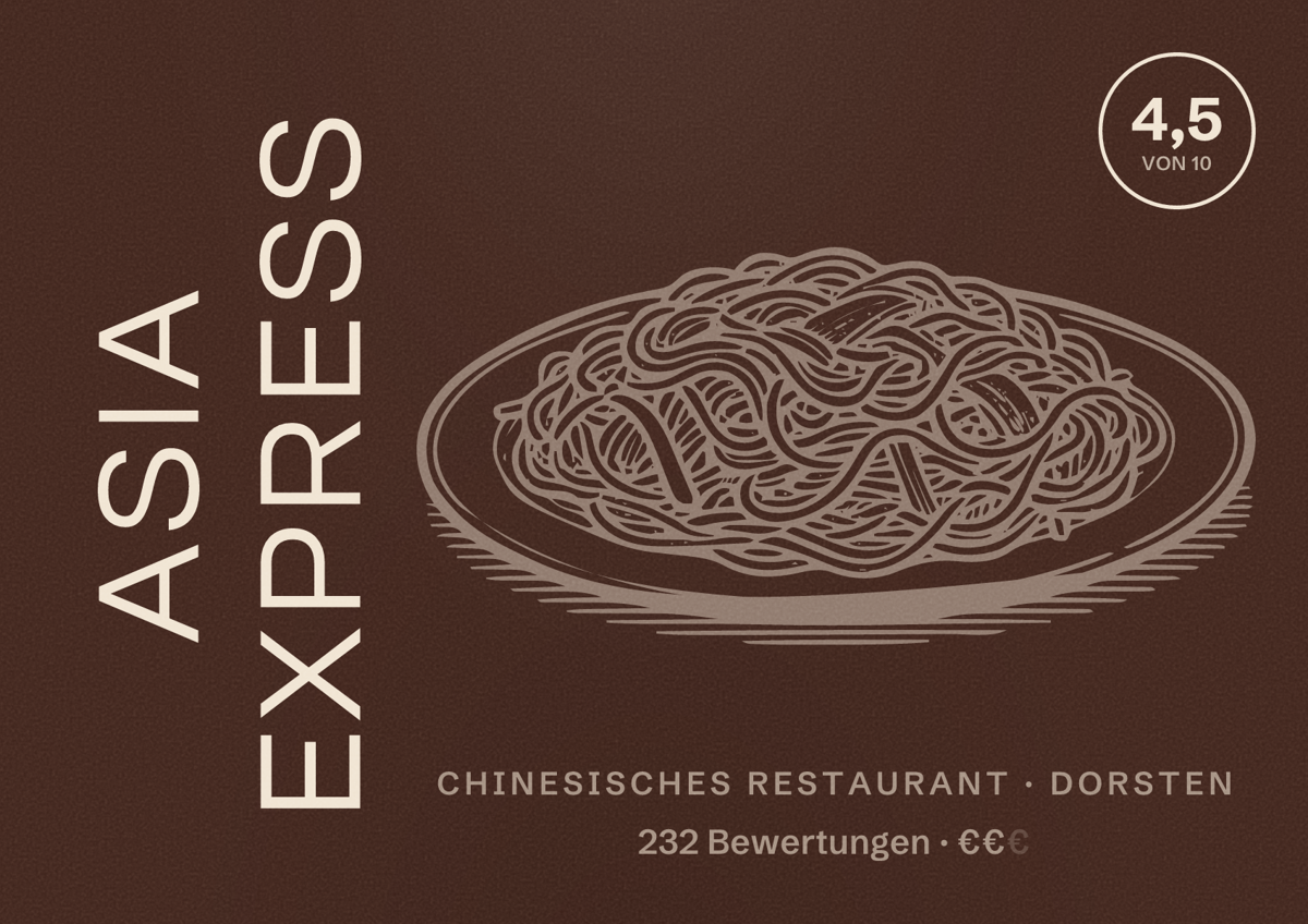 Illustriertes Poster von Asia Express, Chinesisches Restaurant in Dorsten: Bewertung 4,5 von 10 aus 232 Bewertungen, Preisniveau €€
