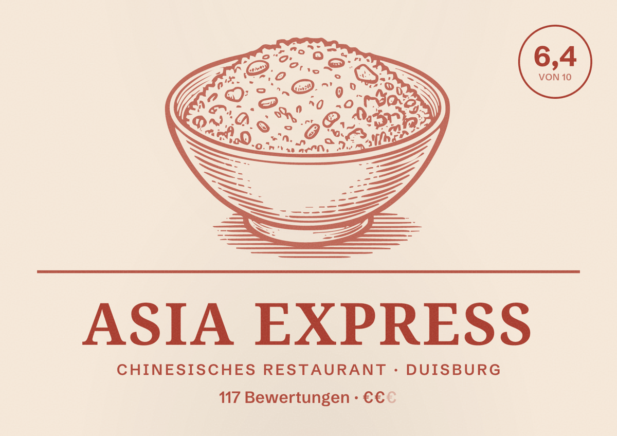 Illustriertes Poster von Asia Express, Chinesisches Restaurant in Duisburg: Bewertung 6,4 von 10 aus 117 Bewertungen, Preisniveau €€
