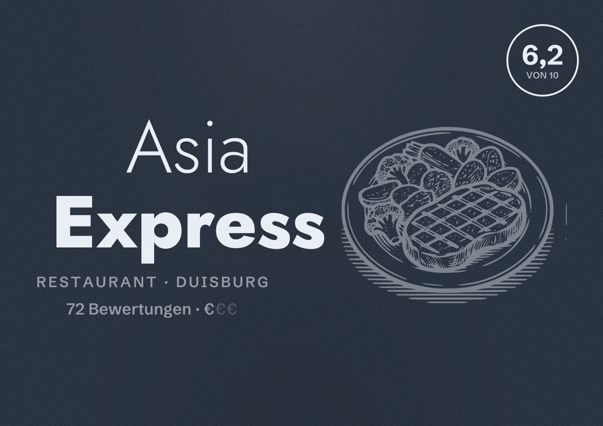 Illustriertes Poster von Asia Express, Restaurant in Duisburg: Bewertung 6,2 von 10 aus 72 Bewertungen, Preisniveau €