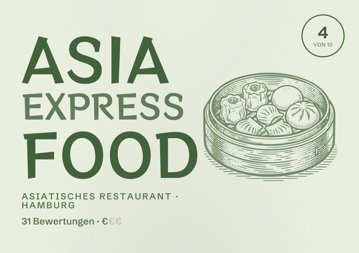 Illustriertes Poster von Asia Express Food, Asiatisches Restaurant in Hamburg: Bewertung 4 von 10 aus 31 Bewertungen, Preisniveau €