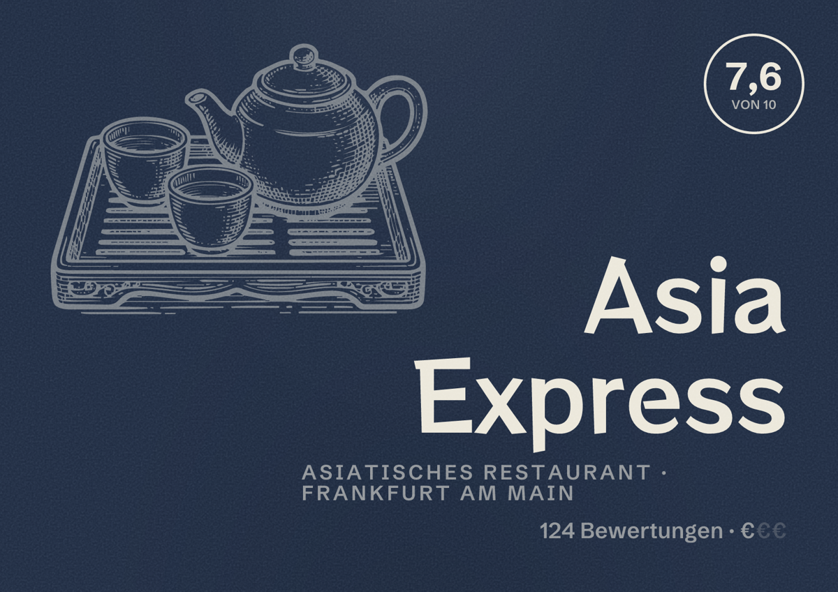 Illustriertes Poster von Asia Express, Asiatisches Restaurant in Frankfurt am Main: Bewertung 7,6 von 10 aus 124 Bewertungen, Preisniveau €