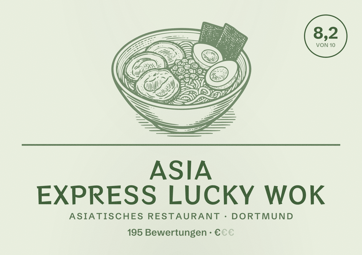 Illustriertes Poster von Asia Express Lucky Wok, Asiatisches Restaurant in Dortmund: Bewertung 8,2 von 10 aus 195 Bewertungen, Preisniveau €
