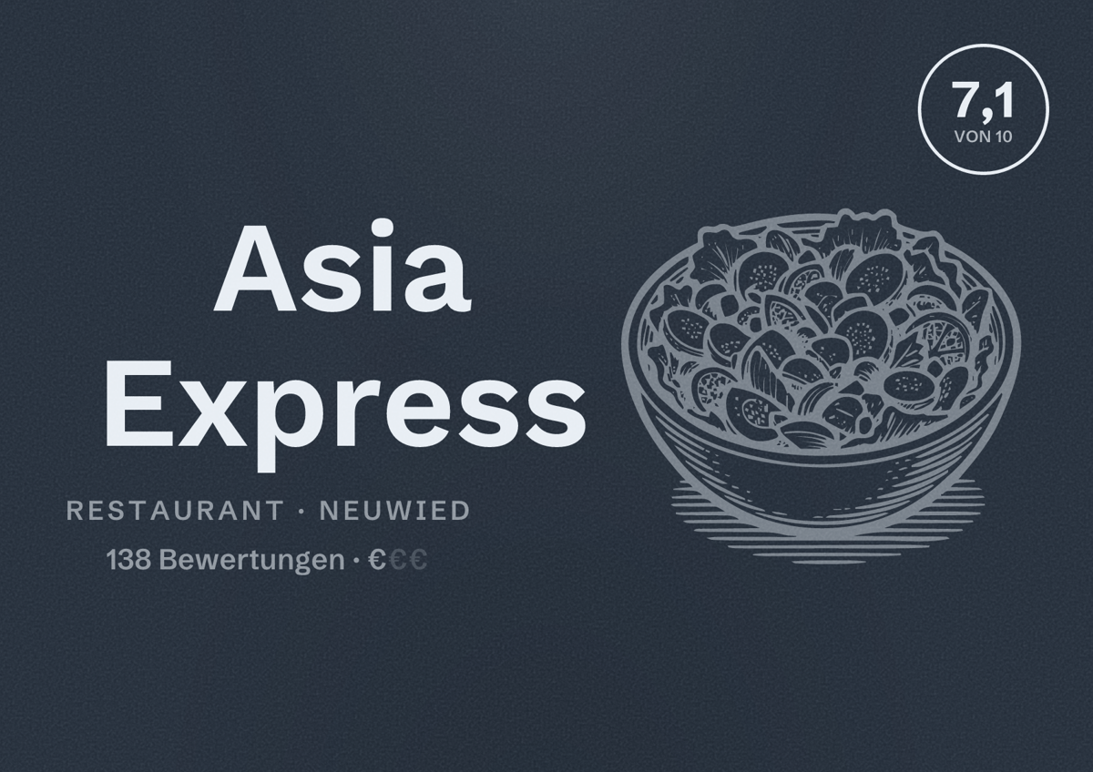 Illustriertes Poster von Asia Express, Restaurant in Neuwied: Bewertung 7,1 von 10 aus 138 Bewertungen, Preisniveau €
