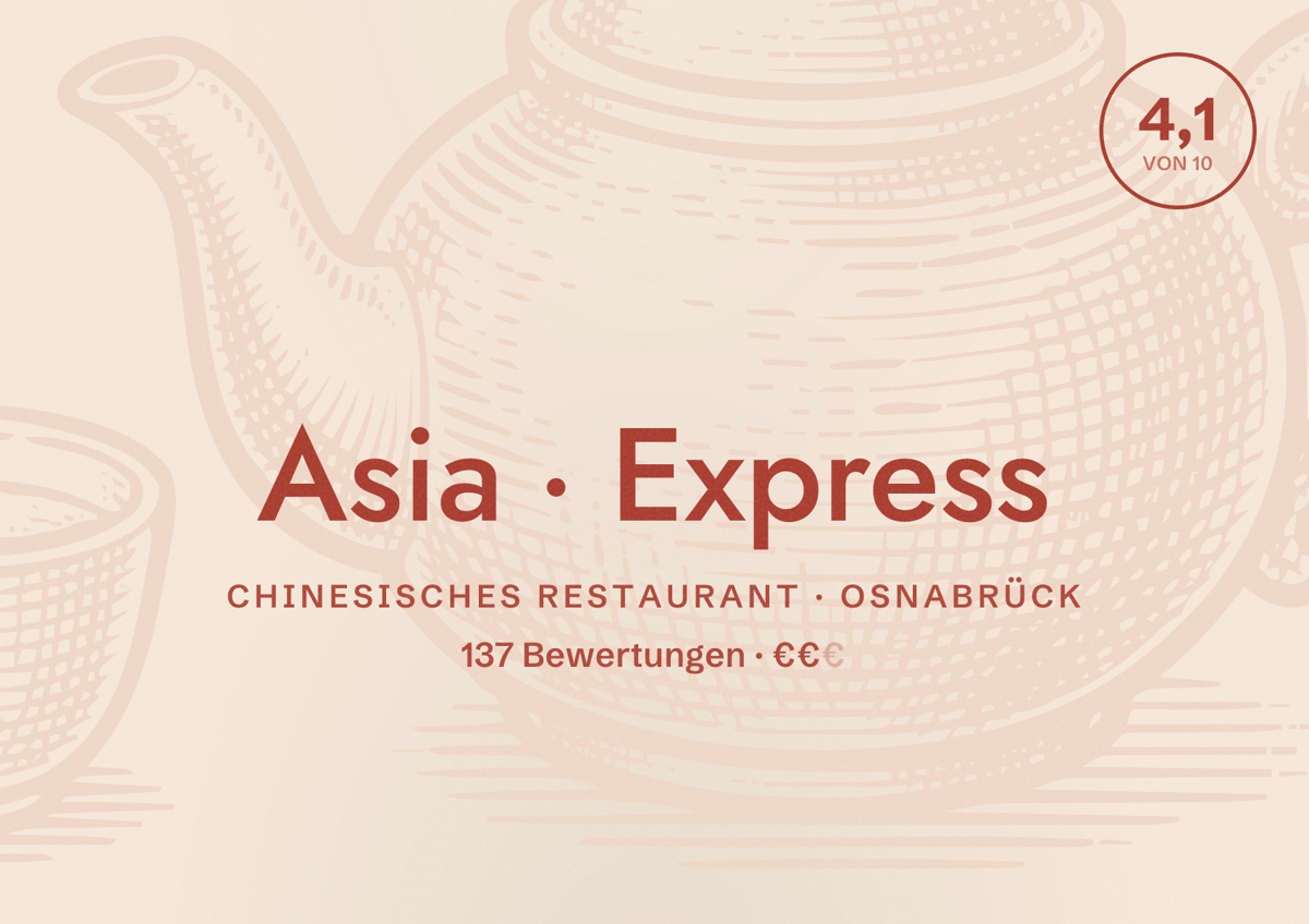 Illustriertes Poster von Asia Express, Chinesisches Restaurant in Osnabrück: Bewertung 4,1 von 10 aus 137 Bewertungen, Preisniveau €€