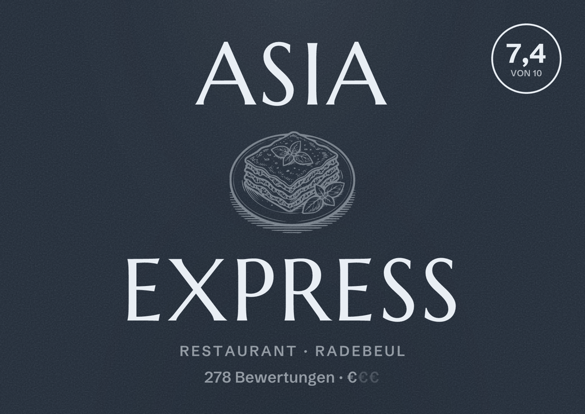 Illustriertes Poster von Asia Express, Restaurant in Radebeul: Bewertung 7,4 von 10 aus 278 Bewertungen, Preisniveau €