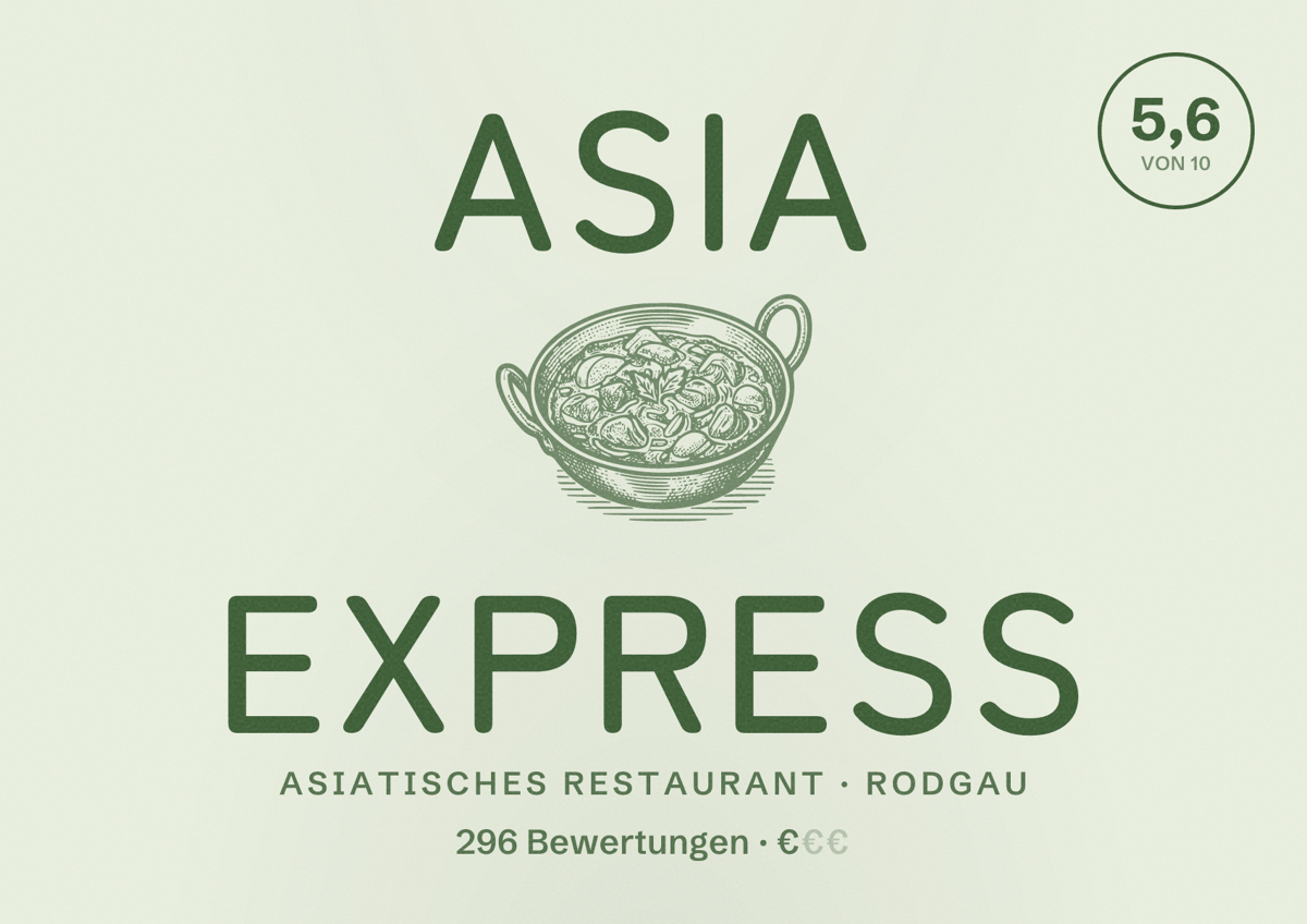 Illustriertes Poster von ASIA Express, Asiatisches Restaurant in Rodgau: Bewertung 5,6 von 10 aus 296 Bewertungen, Preisniveau €