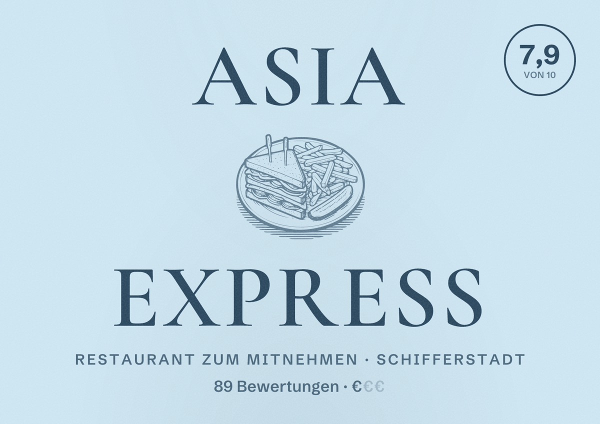 Illustriertes Poster von Asia Express, Restaurant zum Mitnehmen in Schifferstadt: Bewertung 7,9 von 10 aus 89 Bewertungen, Preisniveau €
