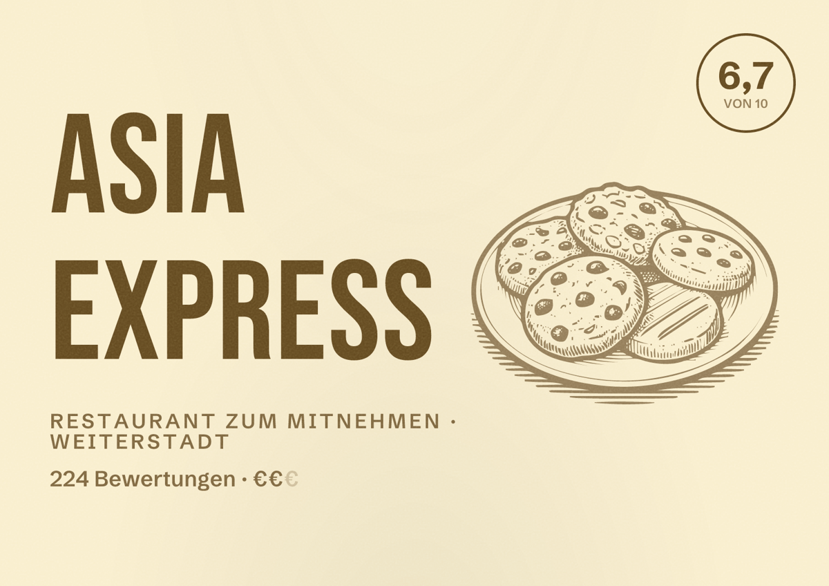 Illustriertes Poster von Asia Express, Restaurant zum Mitnehmen in Weiterstadt: Bewertung 6,7 von 10 aus 224 Bewertungen, Preisniveau €€