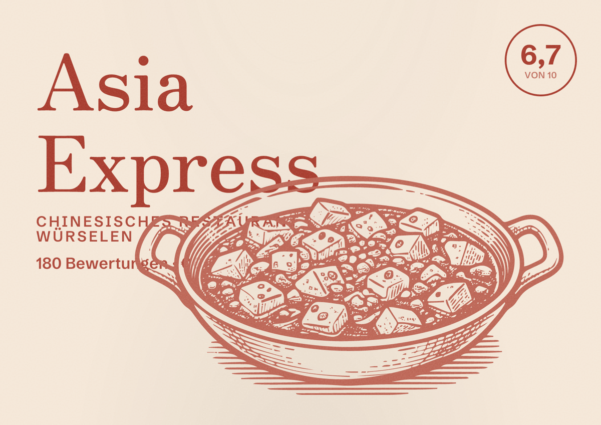 Illustriertes Poster von Asia Express, Chinesisches Restaurant in Würselen: Bewertung 6,7 von 10 aus 180 Bewertungen, Preisniveau €