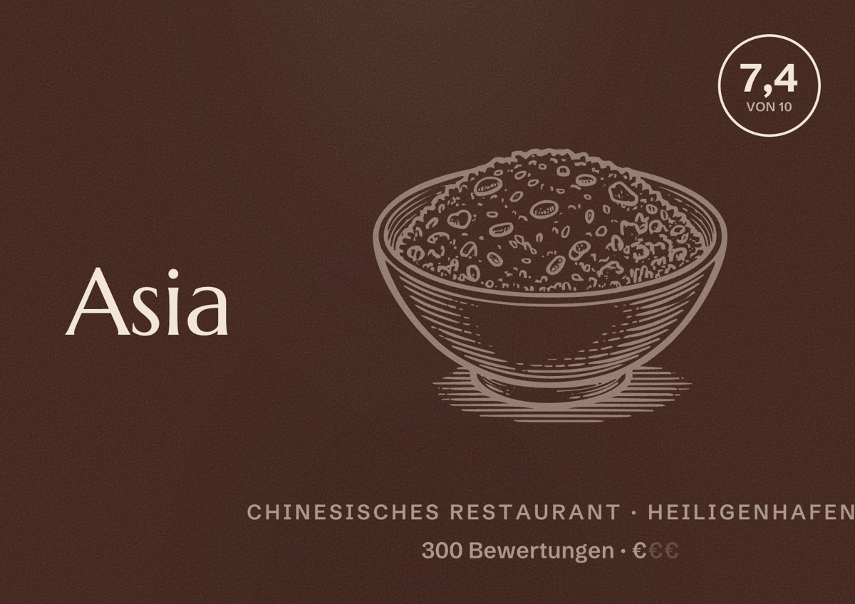 Illustriertes Poster von Asia Fam, Chinesisches Restaurant in Heiligenhafen: Bewertung 7,4 von 10 aus 300 Bewertungen, Preisniveau €