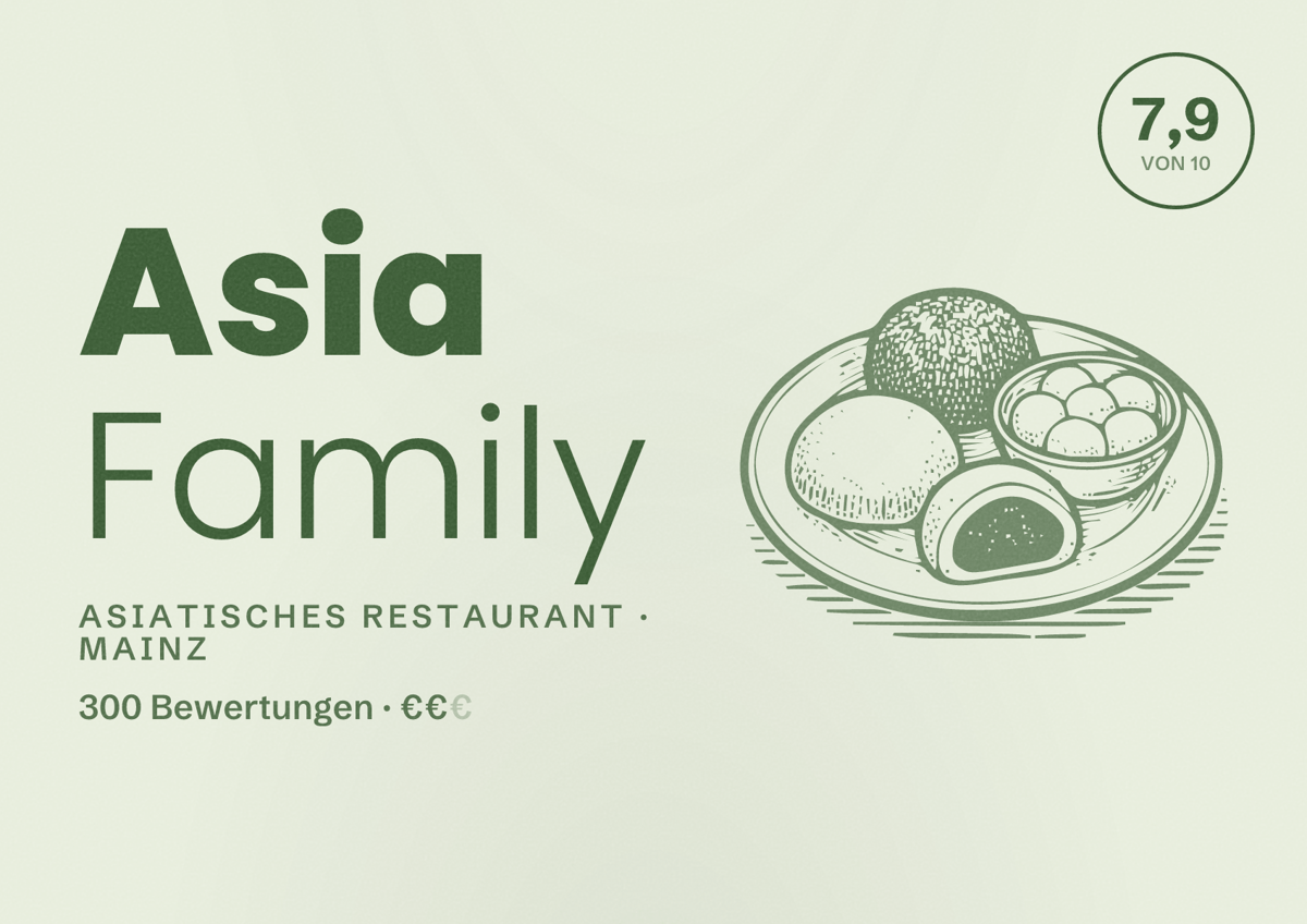 Illustriertes Poster von Asia Family, Asiatisches Restaurant in Mainz: Bewertung 7,9 von 10 aus 300 Bewertungen, Preisniveau €€