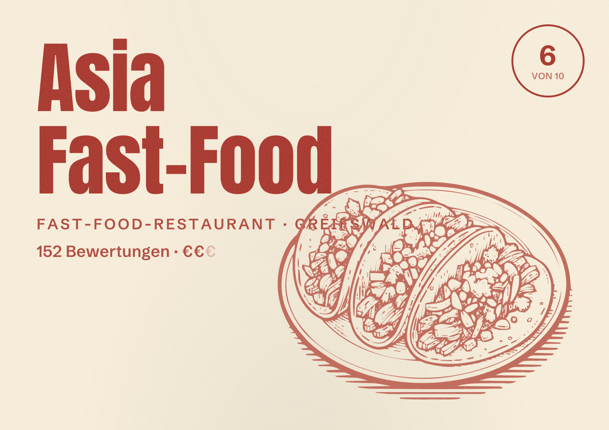 Illustriertes Poster von Asia Fast-Food, Fast-Food-Restaurant in Greifswald: Bewertung 6 von 10 aus 152 Bewertungen, Preisniveau €€