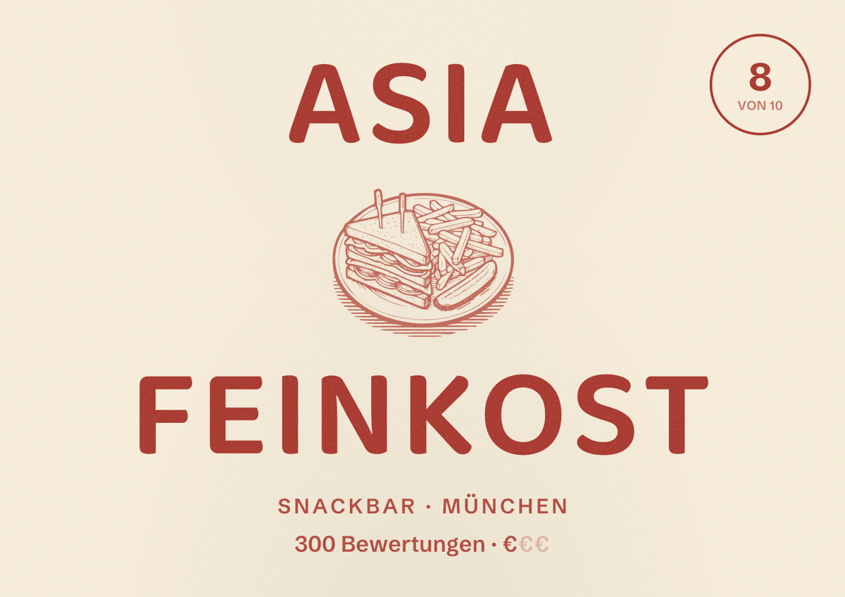 Illustriertes Poster von Asia Feinkost, Snackbar in München: Bewertung 8,0 von 10 aus 300 Bewertungen, Preisniveau €