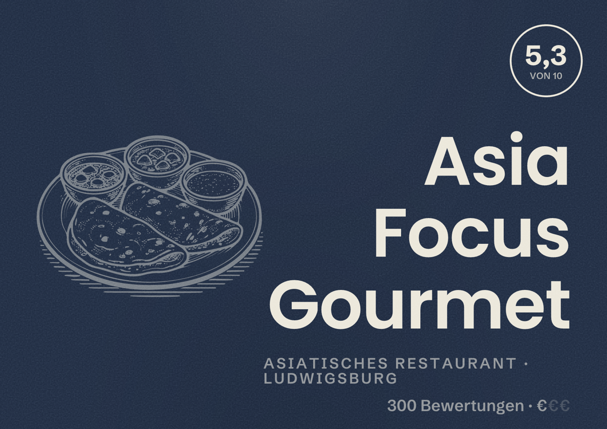 Illustriertes Poster von Asia Focus Gourmet, Asiatisches Restaurant in Ludwigsburg: Bewertung 5,3 von 10 aus 300 Bewertungen, Preisniveau €