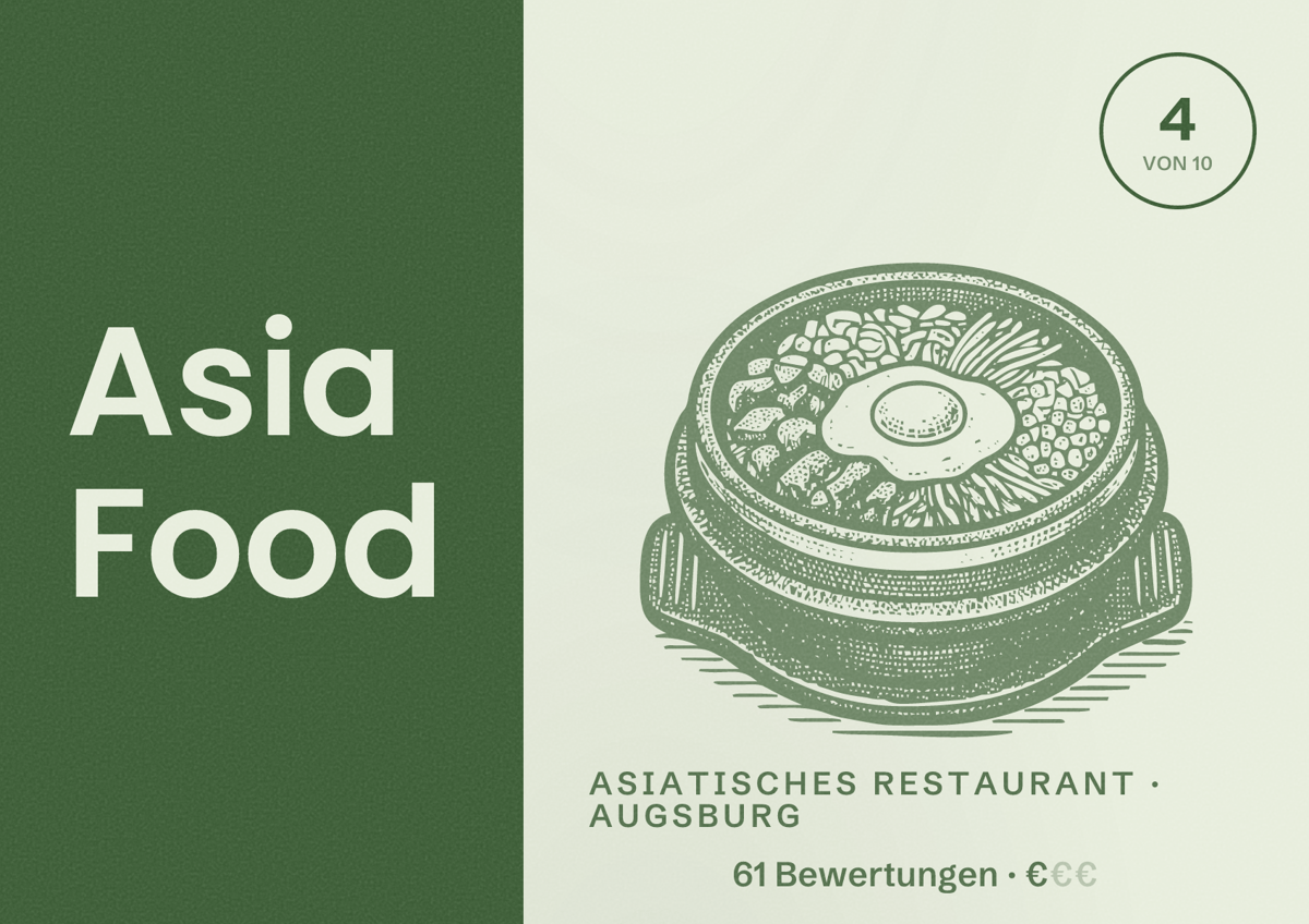 Illustriertes Poster von Asia Food, Asiatisches Restaurant in Augsburg: Bewertung 4,0 von 10 aus 61 Bewertungen, Preisniveau €
