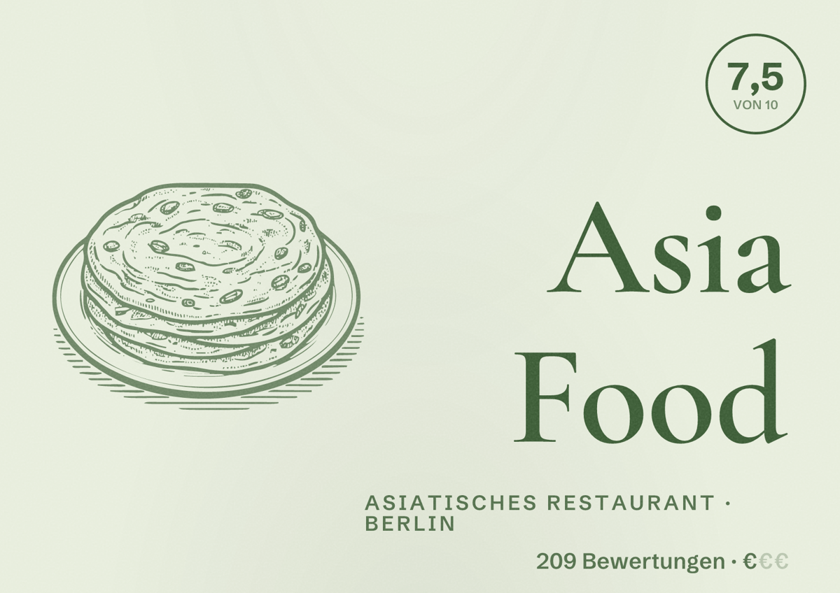 Illustriertes Poster von Asia Food, Asiatisches Restaurant in Berlin: Bewertung 7,5 von 10 aus 209 Bewertungen, Preisniveau €