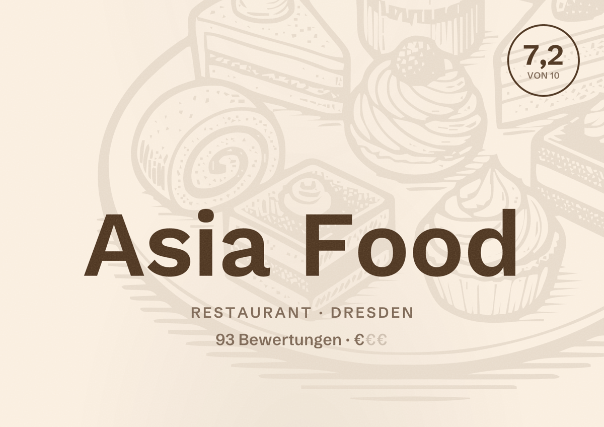 Illustriertes Poster von Asia Food, Restaurant in Dresden: Bewertung 7,2 von 10 aus 93 Bewertungen, Preisniveau €