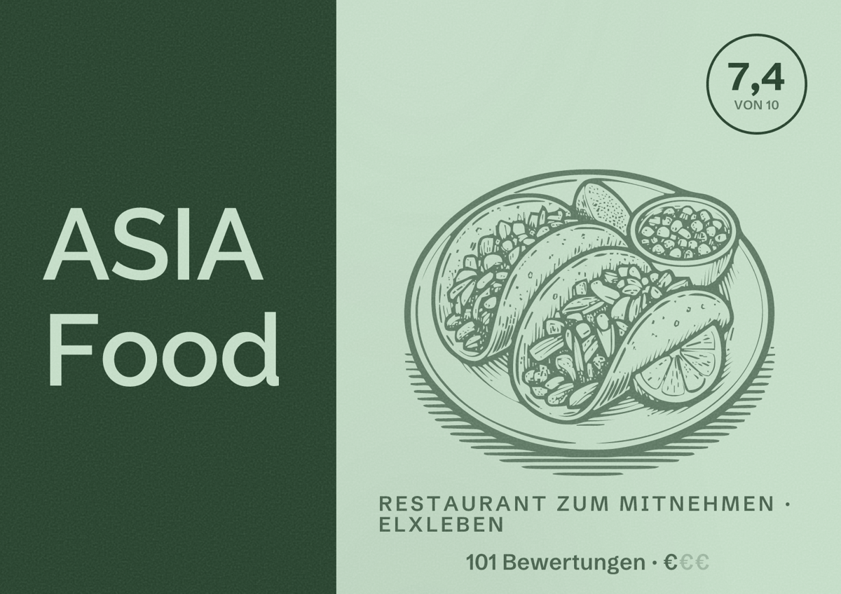 Illustriertes Poster von ASIA Food, Restaurant zum Mitnehmen in Elxleben: Bewertung 7,4 von 10 aus 101 Bewertungen, Preisniveau €