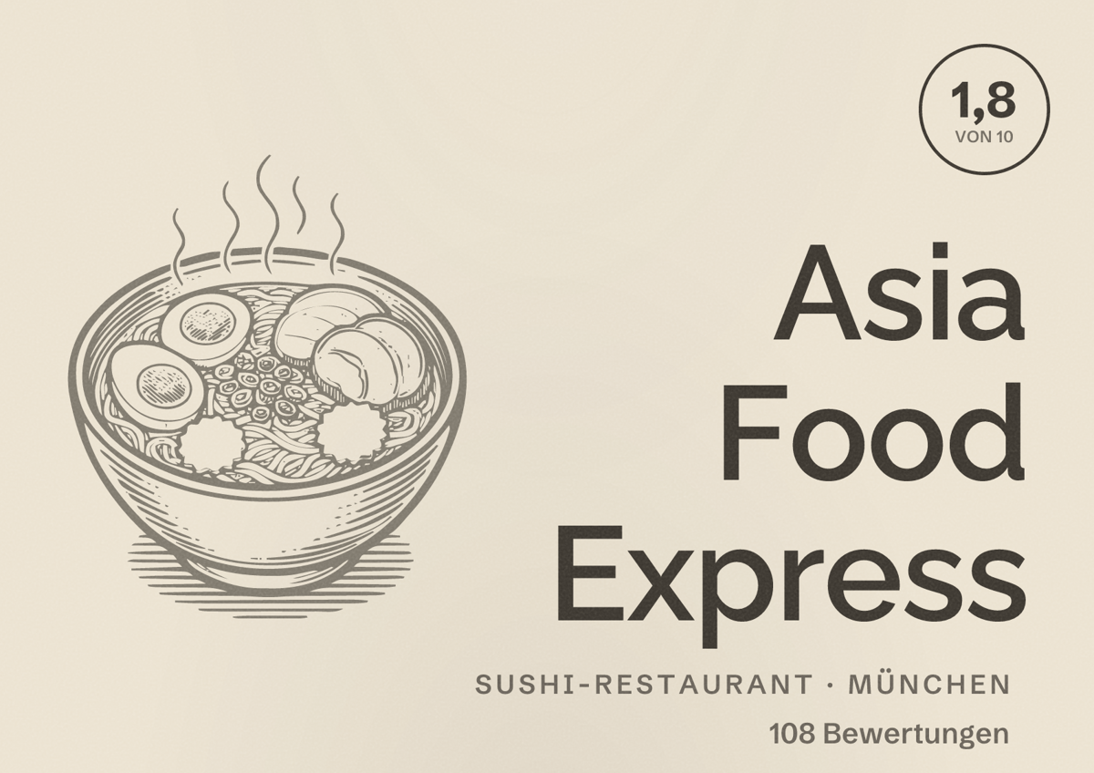 Illustriertes Poster von Asia Food Express, Sushi-Restaurant in München: Bewertung 1,8 von 10 aus 108 Bewertungen