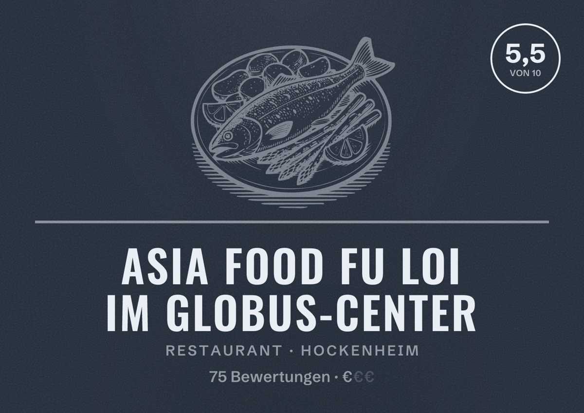 Illustriertes Poster von Asia Food Fu Loi im Globus-Center, Restaurant in Hockenheim: Bewertung 5,5 von 10 aus 75 Bewertungen, Preisniveau €