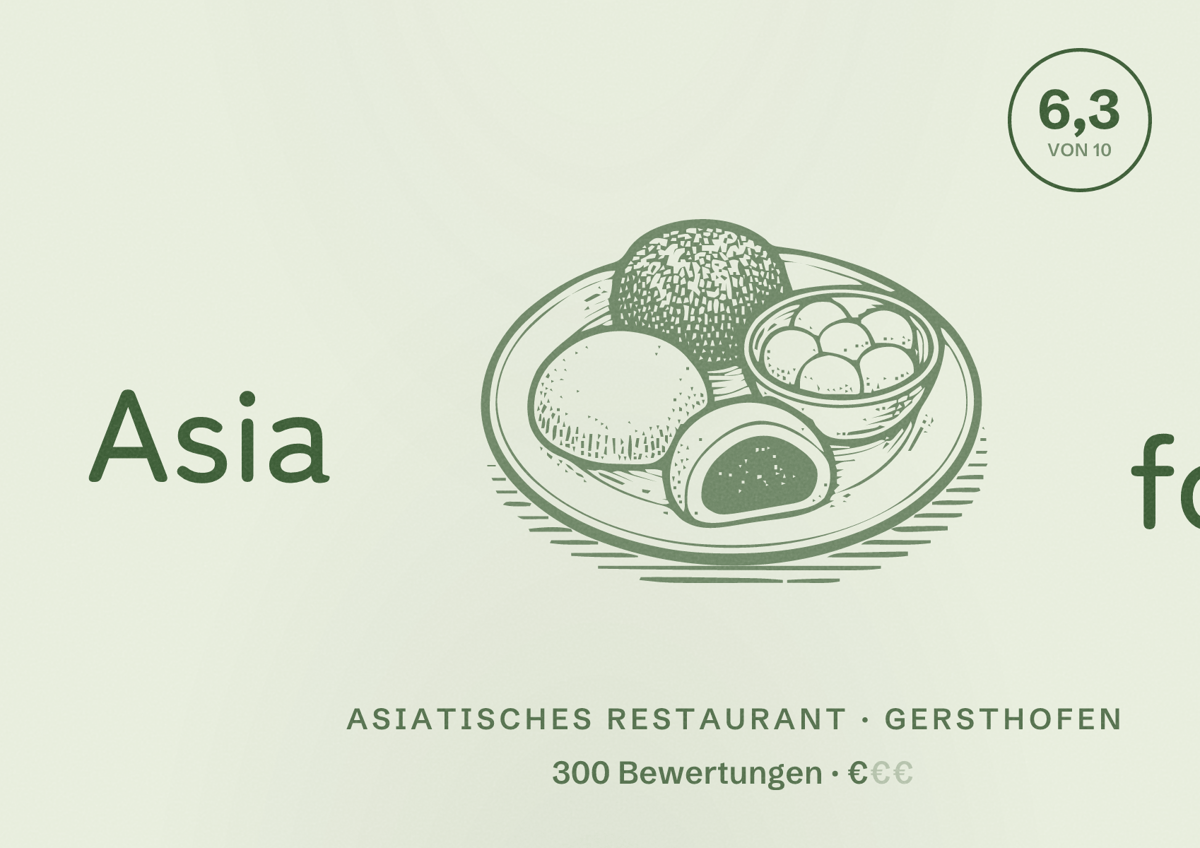 Illustriertes Poster von Asia food, Asiatisches Restaurant in Gersthofen: Bewertung 6,3 von 10 aus 300 Bewertungen, Preisniveau €