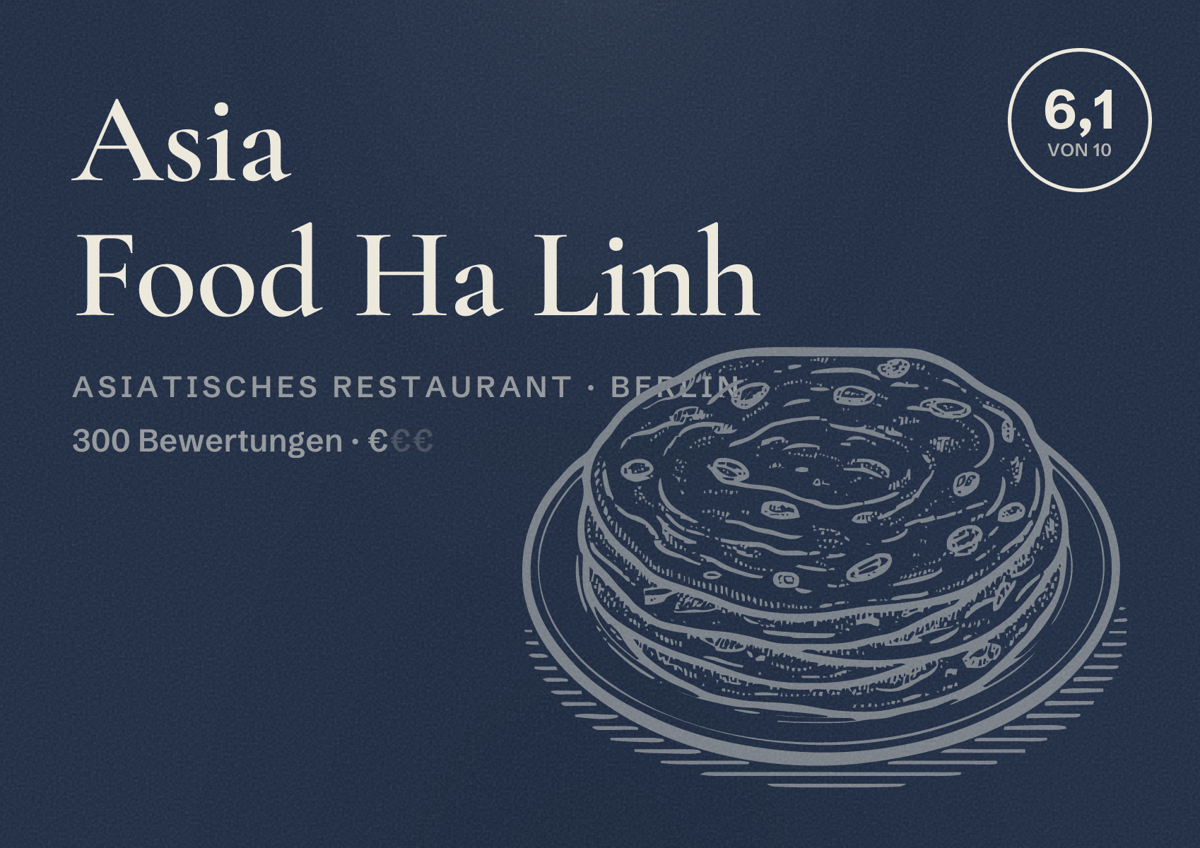 Illustriertes Poster von Asia Food Ha Linh, Asiatisches Restaurant in Berlin: Bewertung 6,1 von 10 aus 300 Bewertungen, Preisniveau €