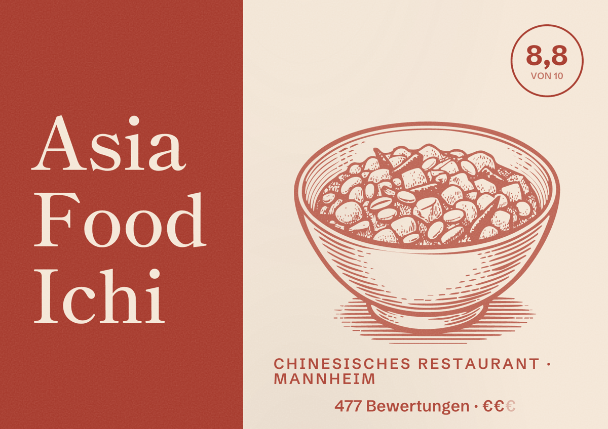 Illustriertes Poster von Asia Food Ichi, Chinesisches Restaurant in Mannheim: Bewertung 8,8 von 10 aus 477 Bewertungen, Preisniveau €€