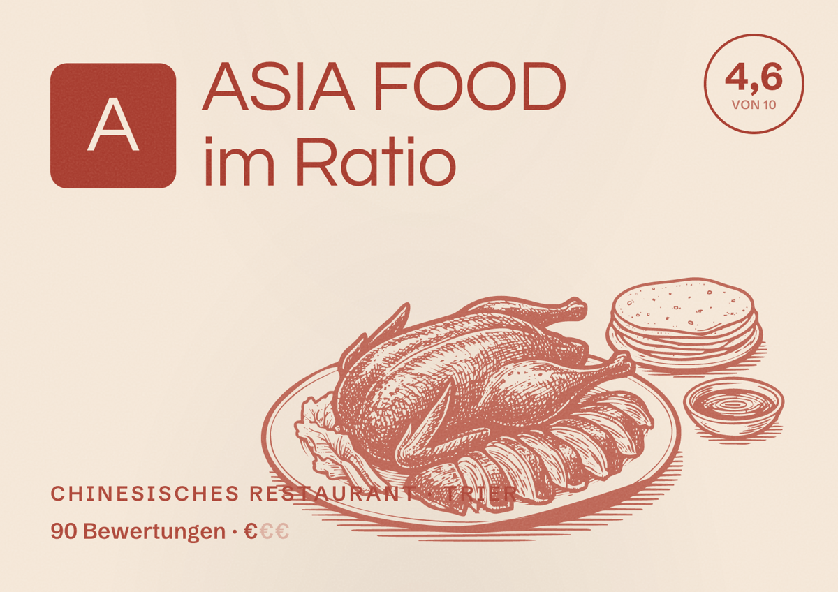 Illustriertes Poster von ASIA FOOD im Ratio, Chinesisches Restaurant in Trier: Bewertung 4,6 von 10 aus 90 Bewertungen, Preisniveau €