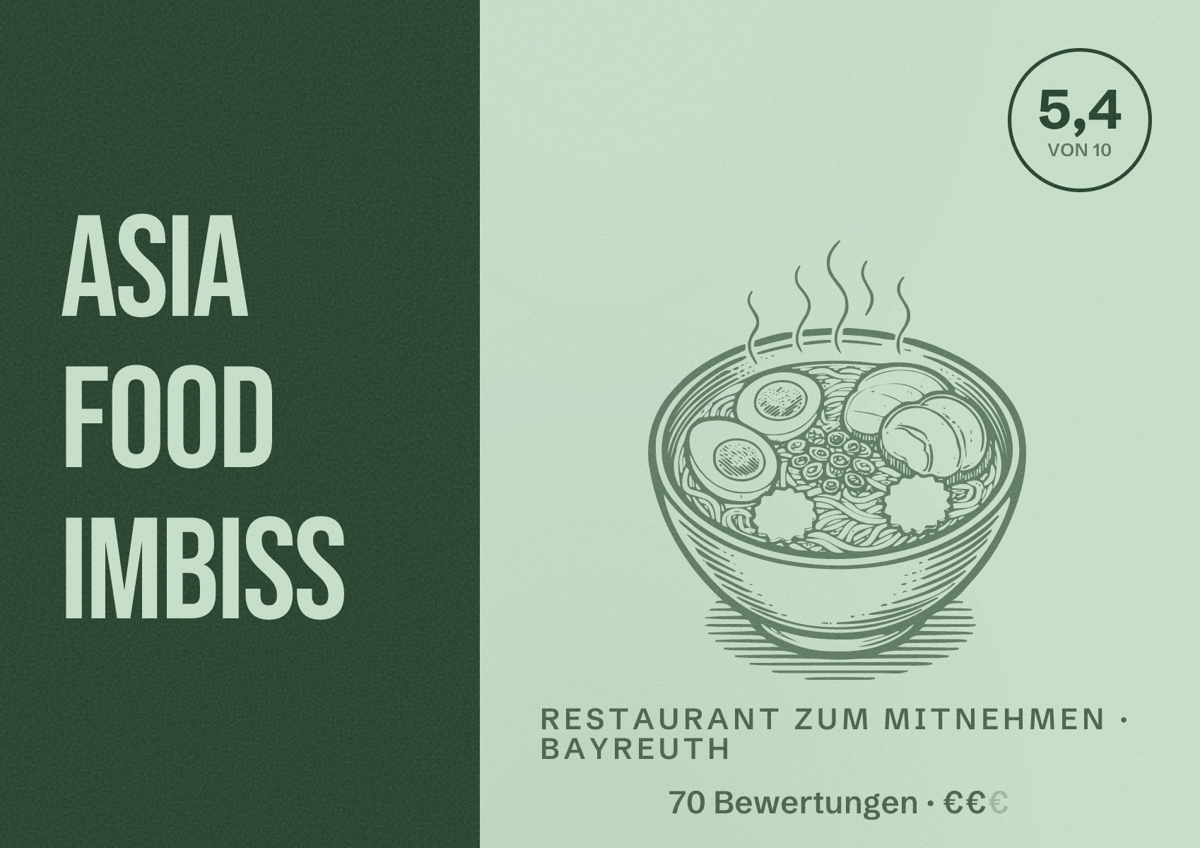 Illustriertes Poster von Asia Food Imbiss, Restaurant zum Mitnehmen in Bayreuth: Bewertung 5,4 von 10 aus 70 Bewertungen, Preisniveau €€