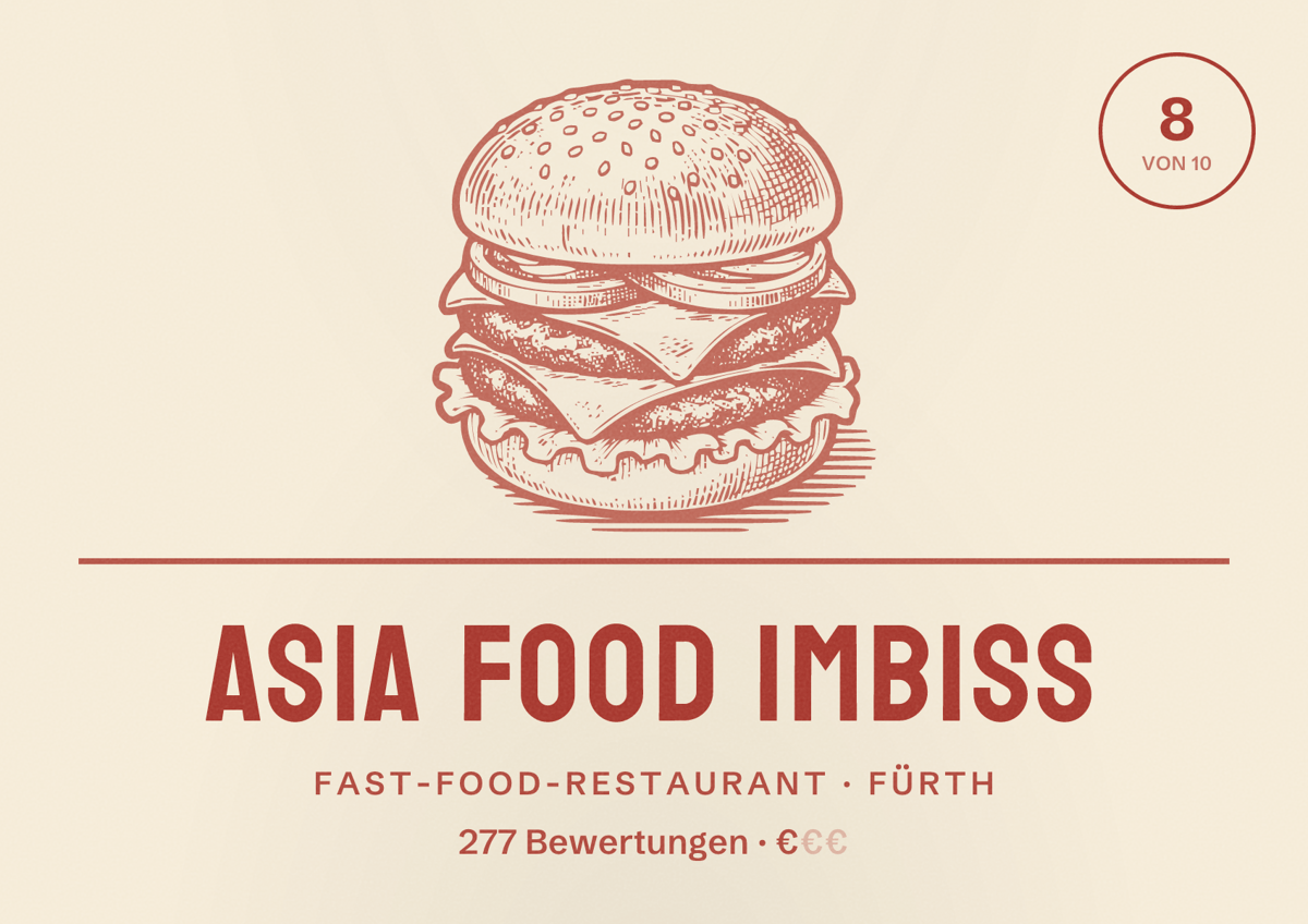 Illustriertes Poster von Asia Food Imbiss, Fast-Food-Restaurant in Fürth: Bewertung 8 von 10 aus 277 Bewertungen, Preisniveau €