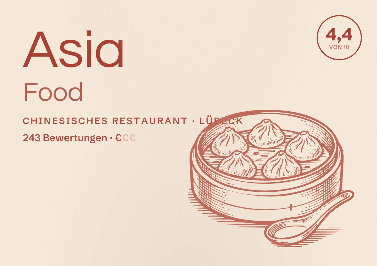 Illustriertes Poster von Asia Food, Chinesisches Restaurant in Lübeck: Bewertung 4,4 von 10 aus 243 Bewertungen, Preisniveau €