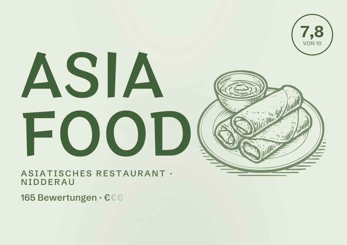 Illustriertes Poster von Asia Food, Asiatisches Restaurant in Nidderau: Bewertung 7,8 von 10 aus 165 Bewertungen, Preisniveau €