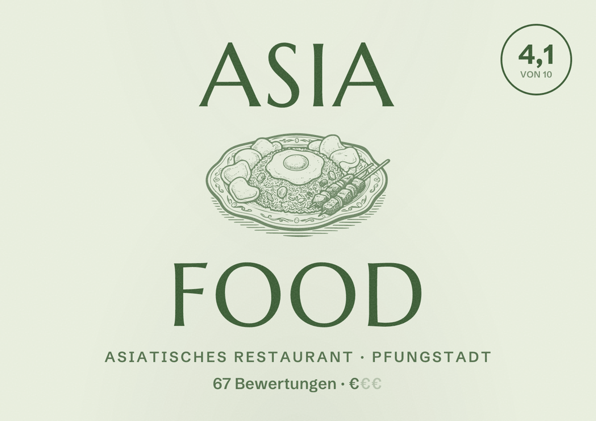 Illustriertes Poster von Asia Food, Asiatisches Restaurant in Pfungstadt: Bewertung 4,1 von 10 aus 67 Bewertungen, Preisniveau €