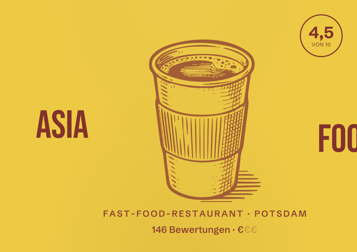 Illustriertes Poster von Asia Food, Fast-Food-Restaurant in Potsdam: Bewertung 4,5 von 10 aus 146 Bewertungen, Preisniveau €