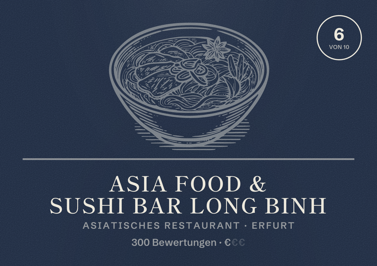 Illustriertes Poster von Asia Food & Sushi Bar Long Binh, Asiatisches Restaurant in Erfurt: Bewertung 6,0 von 10 aus 300 Bewertungen, Preisniveau €