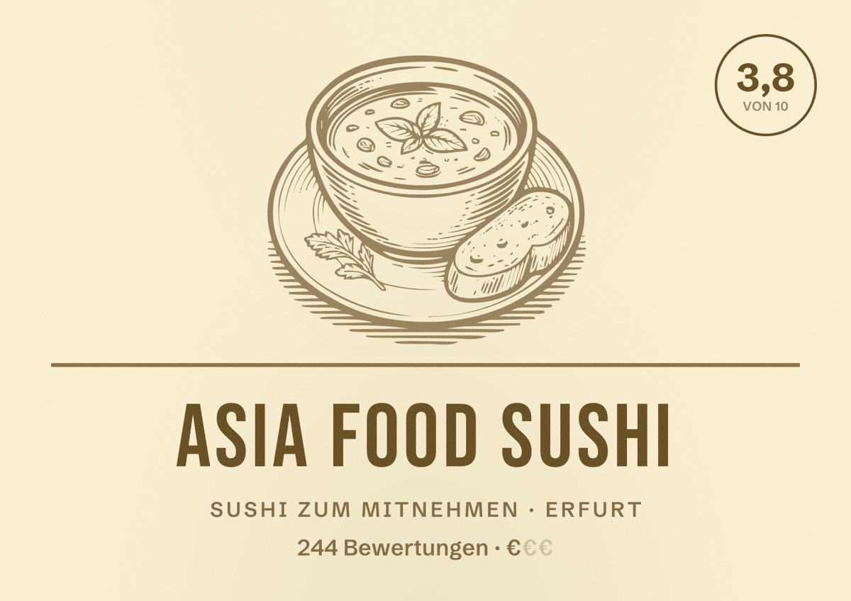 Illustriertes Poster von Asia Food Sushi, Sushi zum Mitnehmen in Erfurt: Bewertung 3,8 von 10 aus 244 Bewertungen, Preisniveau €