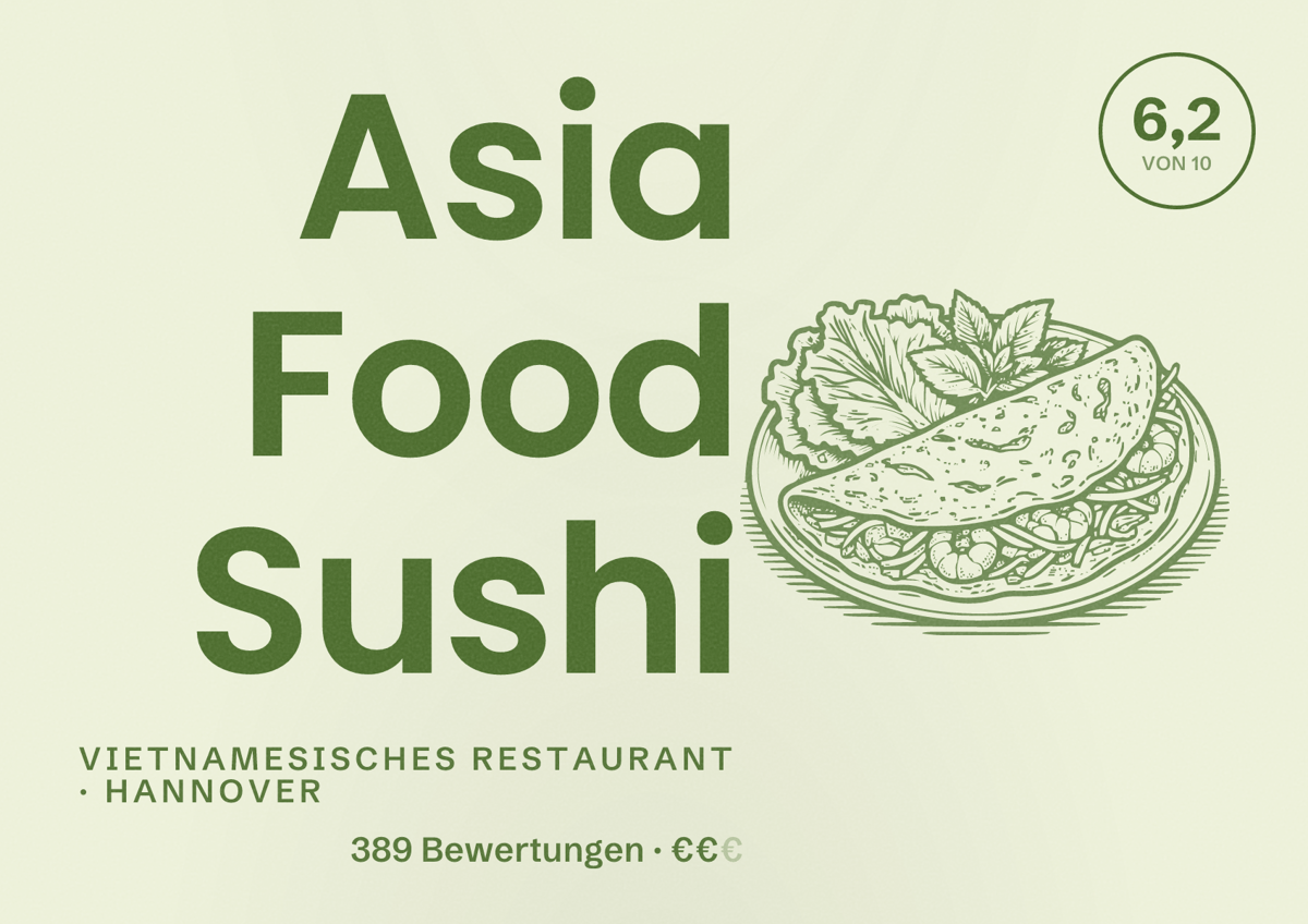 Illustriertes Poster von Asia Food Sushi, Vietnamesisches Restaurant in Hannover: Bewertung 6,2 von 10 aus 389 Bewertungen, Preisniveau €€