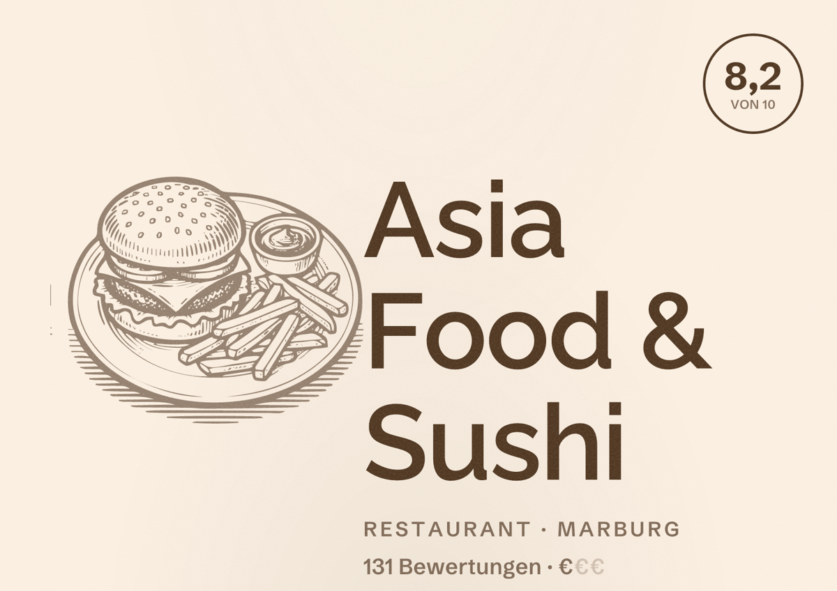 Illustriertes Poster von Asia Food & Sushi, Restaurant in Marburg: Bewertung 8,2 von 10 aus 131 Bewertungen, Preisniveau €