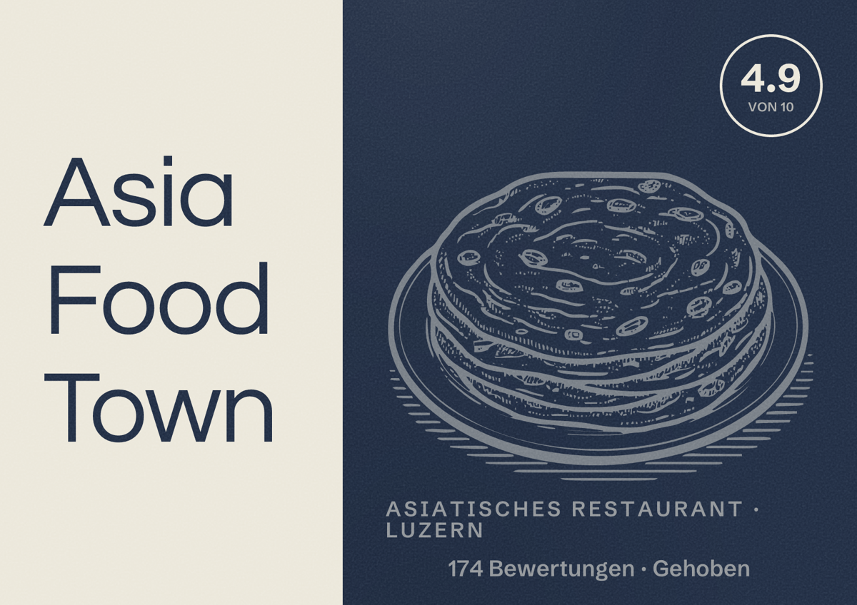 Illustriertes Poster von Asia Food Town, Asiatisches Restaurant in Luzern: Bewertung 4.9 von 10 aus 174 Bewertungen, Preisniveau Gehoben