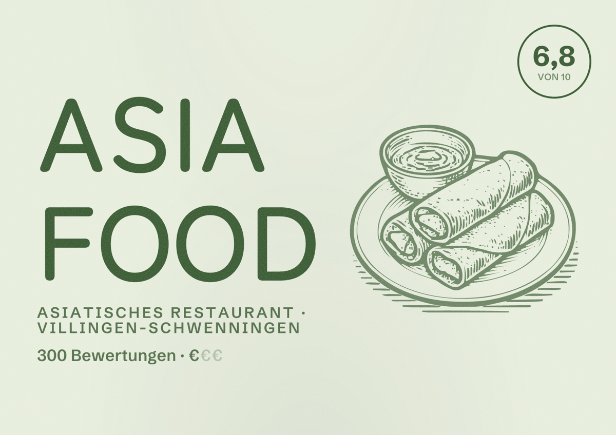 Illustriertes Poster von Asia Food, Asiatisches Restaurant in Villingen-Schwenningen: Bewertung 6,8 von 10 aus 300 Bewertungen, Preisniveau €