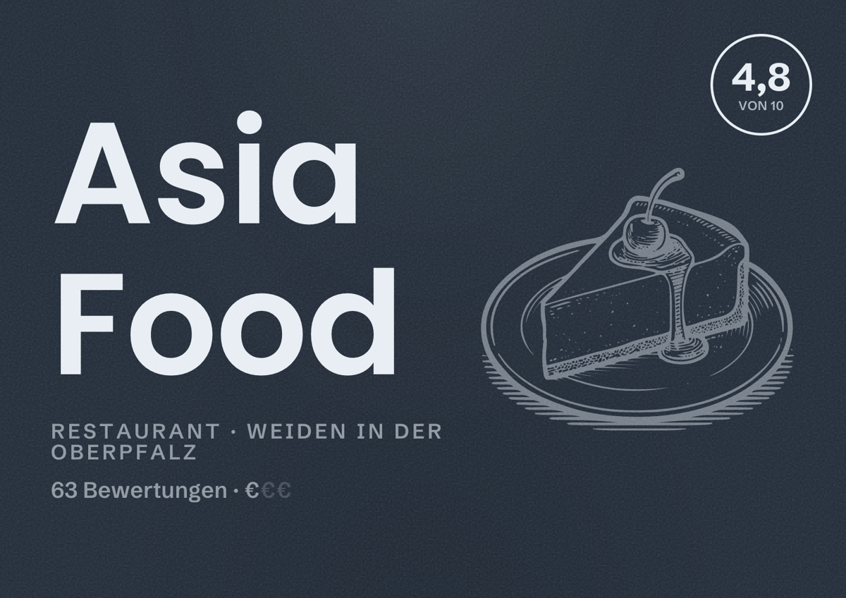 Illustriertes Poster von Asia Food, Restaurant in Weiden in der Oberpfalz: Bewertung 4,8 von 10 aus 63 Bewertungen, Preisniveau €