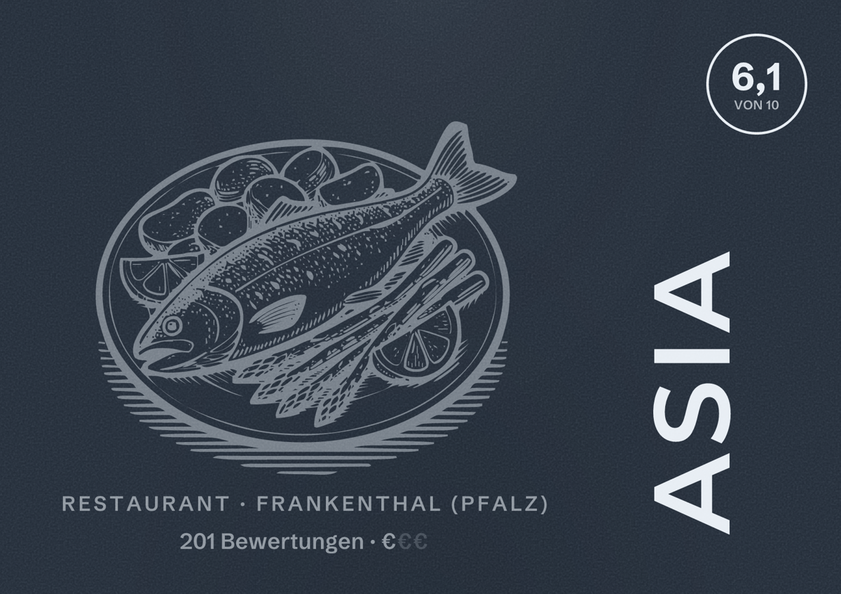 Illustriertes Poster von Asia, Restaurant in Frankenthal (Pfalz): Bewertung 6,1 von 10 aus 201 Bewertungen, Preisniveau €