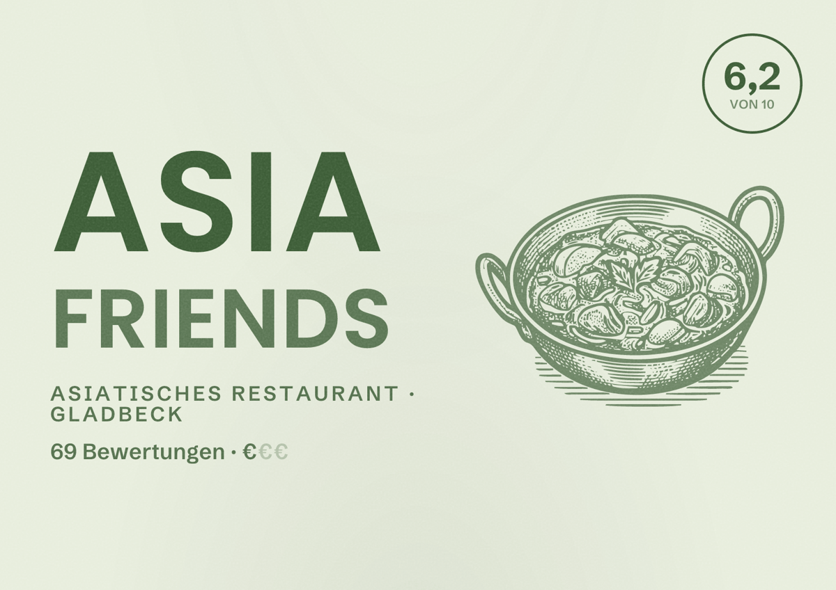 Illustriertes Poster von Asia Friends, Asiatisches Restaurant in Gladbeck: Bewertung 6,2 von 10 aus 69 Bewertungen, Preisniveau €