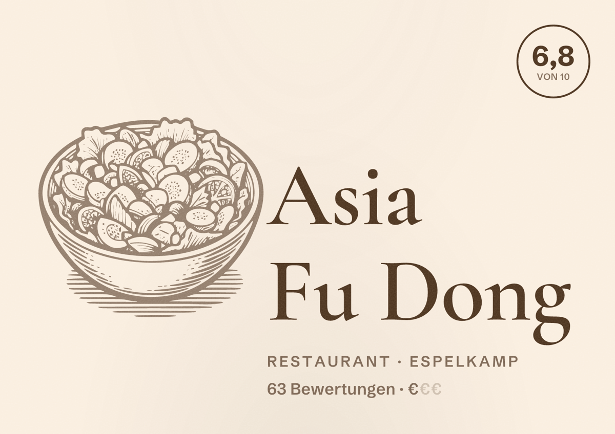 Illustriertes Poster von Asia Fu Dong, Restaurant in Espelkamp: Bewertung 6,8 von 10 aus 63 Bewertungen, Preisniveau €