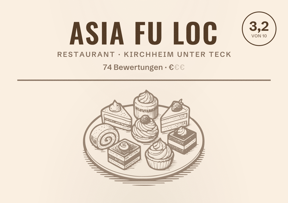 Illustriertes Poster von Asia Fu Loc, Restaurant in Kirchheim unter Teck: Bewertung 3,2 von 10 aus 74 Bewertungen, Preisniveau €