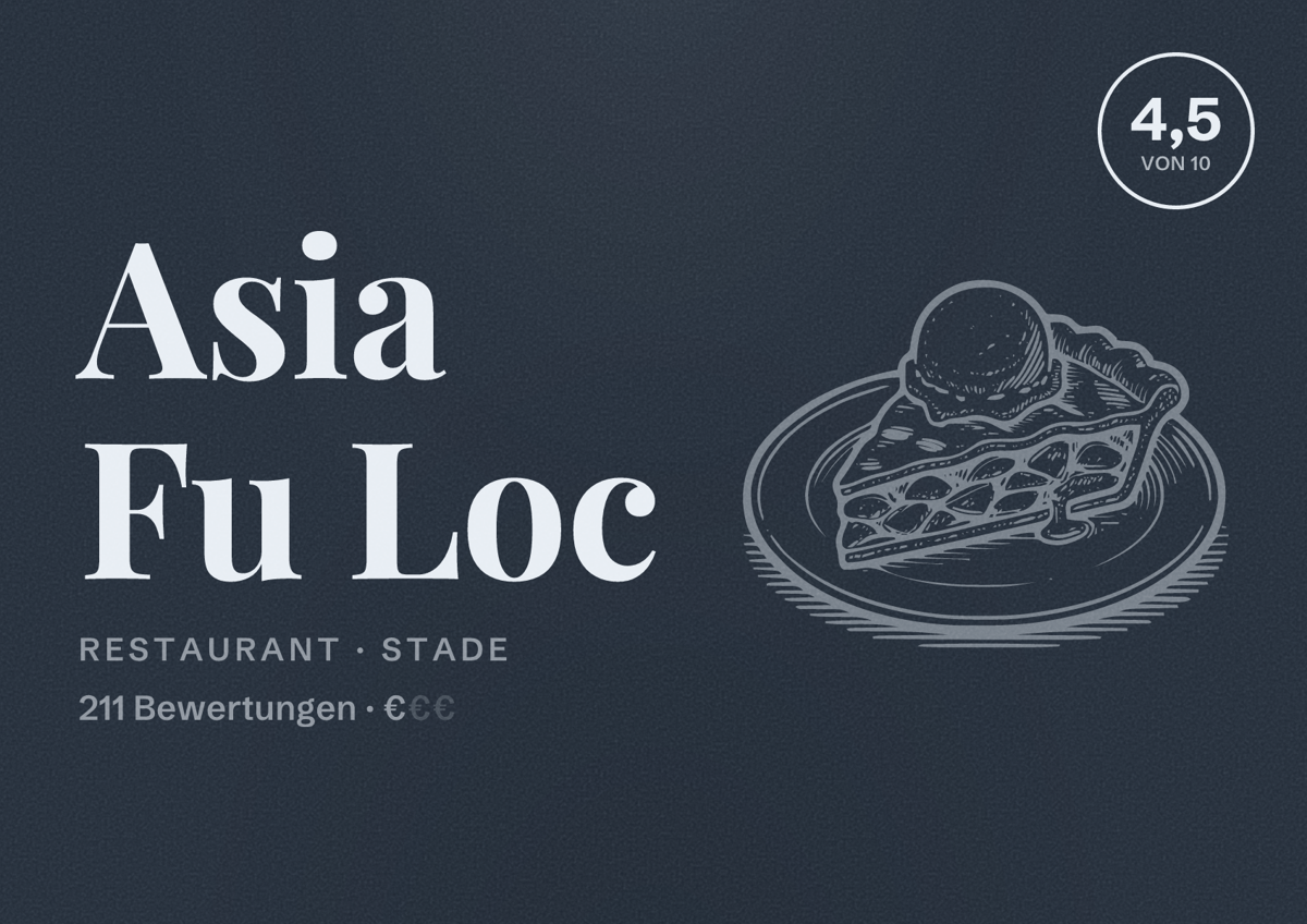Illustriertes Poster von Asia Fu Loc, Restaurant in Stade: Bewertung 4,5 von 10 aus 211 Bewertungen, Preisniveau €